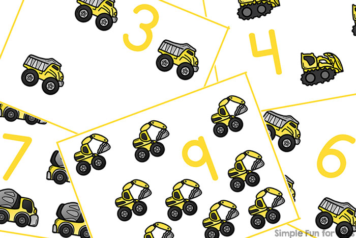 Learn to count with these cute printable Construction Vehicles Counting Cards! Perfect for starting with just a few numbers for toddlers and progressing to higher numbers with preschoolers.
