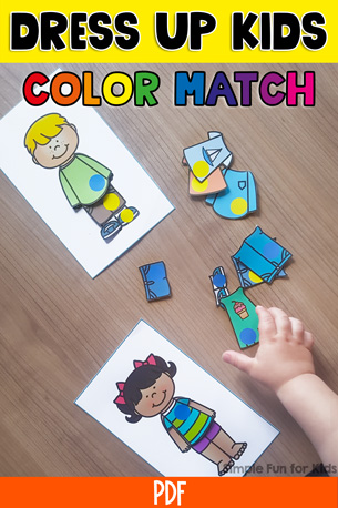 Featured image for the printable Dress Up Kids Color Match activity by Simple Fun for Kids. At the top, there's a yellow banner that says Dress Up Kids in black with a white outline. Underneath, it says Color Match in rainbow colors. The main image is of two paper dolls with assorted paper clothing items and a preschooler's hand reaching for a paper dress. At the bottom is the Simple Fun for Kids watermark above an orange banner with PDF in white on it.