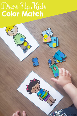 Practice colors with fun paper dolls using this cute printable Dress Up Kids Color Match! Yellow, blue, red, and green, perfect for toddlers and preschoolers.