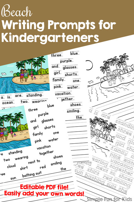 Get ready for summer and/or stop the summer slide with these cute, printable, (mostly) no prep Beach Writing Prompts for Kindergarteners!  Four versions in both color and black and white plus fully editable versions where you can easily enter your own words!