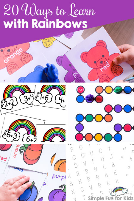 Rainbows are a super fun theme for learning with young kids!  Check out these 20 Ways to Learn with Rainbows, perfect for working on literacy and math with toddlers, preschoolers, and kindergarteners.