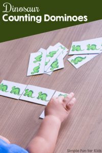Play a quick and simple game to practice counting! Your preschooler or kindergartener will enjoy this cute printable Dinosaur Counting Dominoes game.
