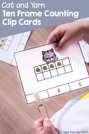 Fun counting and fine motor practice for preschoolers with this set of cute printable Cat and Yarn 10 Frame Counting Clip Cards.