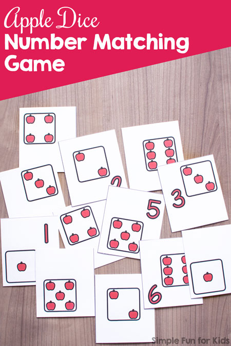 Practice number recognition with numerals and dice faces with this printable Apple Dice Number Matching Game! Perfect for toddlers and preschoolers with its limited number of matches. For older kids, simply use multiple copies of each page.