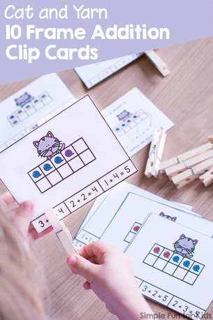 Practice making addition sentences with these cute Cat and Yarn 10 Frame Addition Clip Cards! Perfect for kindergarten math centers.