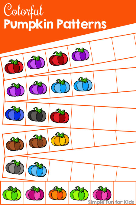 Practice simple patterns and fine motor skills by cutting and pasting these Colorful Pumpkin Patterns! Basic math skills, part of the 7 Days of Pumpkin Printables for Kids series.