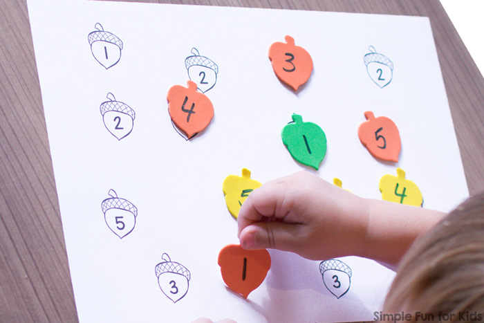 Practice number recognition and fine motor skills quickly and simply with this cute Acorn Number Matching Game! Includes versions for numbers 1-5, 6-10, and 1-10 for toddlers and preschoolers.