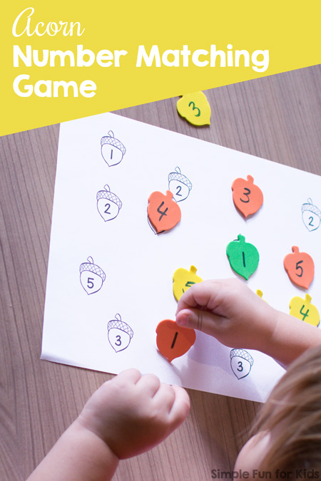 Practice number recognition and fine motor skills quickly and simply with this cute Acorn Number Matching Game! Includes versions for numbers 1-5, 6-10, and 1-10 for toddlers and preschoolers.