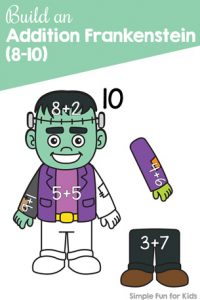 Practice addition with a Halloween theme and this cute printable Build an Addition Frankenstein (8-10) activity for kindergarteners. Perfect for math centers, home, and afterschooling. {Day 1 of the 7 Days of Halloween Printables for Kids.}