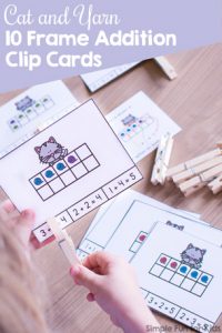 Practice making addition sentences with these cute Cat and Yarn 10 Frame Addition Clip Cards! Perfect for kindergarten math centers.