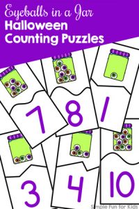 Practice counting with these cute printable Eyeballs in a Jar Halloween Counting Puzzles! Easy to cut and fun for your preschooler or toddler. {Day 2 of the 7 Days of Halloween Printables for Kids.}