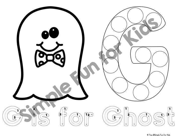 Help your preschooler or toddler to get to know the letter G with these cute G is for Ghost Dot Marker Coloring Pages! {Part of the 7 Days of Halloween Printables for Kids series.}