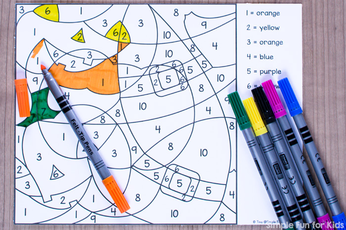 Great for fine motor skills, practicing color sight words, and number recognition: Halloween Color by Number Coloring Page for preschool and kindergarten.