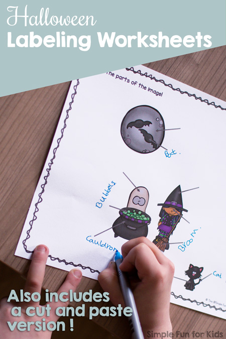 Practice seasonal vocabulary and fine motor skills with these cute Halloween Labeling Worksheets! Differentiated with 3 versions: copying, handwriting, and cut and paste for preschoolers and kindergarteners. {Day 5 of the 7 Days of Halloween Printables series.}