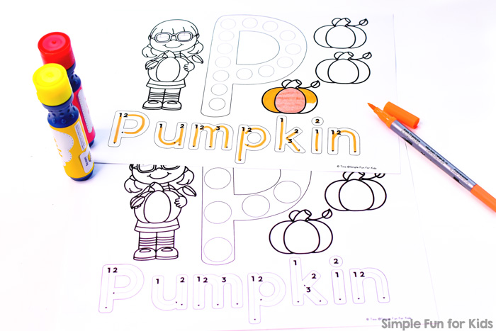Give your toddler or preschooler a simple introduction to the letter P with these cute P is for Pumpkin Dot Marker Coloring Pages! Now includes a font with directional arrows and numbers for tracing. Part of the 7 Days of Pumpkin Printables for Kids series.