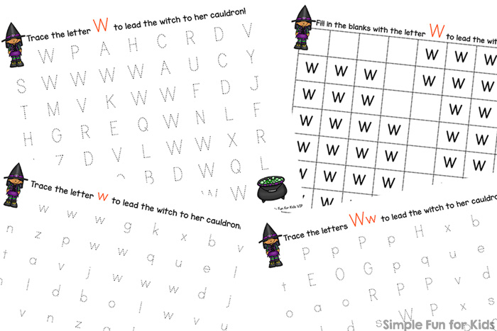Practice writing the letter W with these super cute (not scary!) printable W is for Witch Handwriting Letter Mazes! Your preschoolers and kindergarteners will have fun helping the witch get to the cauldron. {Day 3 of the 7 Days of Halloween Printables.}