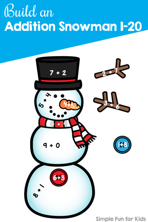 Practice addition and number bonds with kindergarteners and first graders and this cute printable Build an Addition Snowman 1-20 activity! Perfect for homeschool, afterschooling, and math centers.