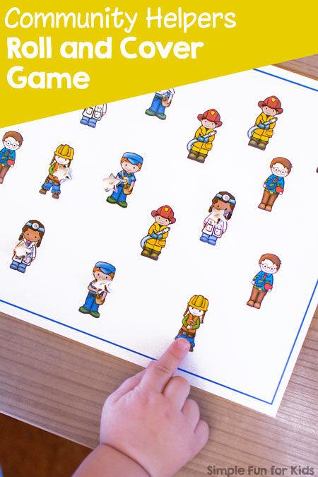 Play this simple printable Community Helpers Roll and Cover Game with your toddler or preschooler! Includes a custom die template to help work on visual discrimination, 1:1 correspondence, and more.