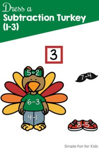 Practice subtraction with a cute turkey paper doll: Dress a Subtraction Turkey (1-3) for kindergarten and first grade. {Part of the 7 Days of Turkey Printables for Kids series.}
