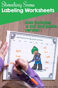Practice handwriting, fine motor skills, reading, and labeling with these cute printable Shoveling Snow Labeling Worksheets. Includes a cut and paste version and requires no preparation. Great for kindergarten and first grade.