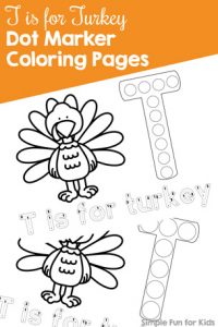 Explore the letter T with these cute, simple T is for Turkey Dot Marker Coloring Pages! Toddlers and preschoolers love them, and kindergarteners can use them for review. {Part of the 7 Days of Turkey Printables for Kids series.}