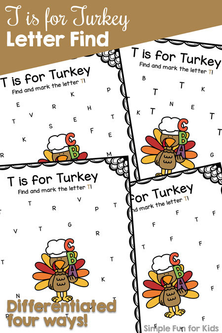 Work on letter recognition of letter T with these cute differentiated T is for Turkey Letter Find Printables for preschoolers and kindergarteners! {Part of the 7 Days of Turkey Printables for Kids.}