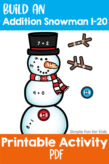 Practice addition and number bonds with kindergarteners and first graders and this cute printable Build an Addition Snowman 1-20 activity! Perfect for homeschool, afterschooling, and math centers.