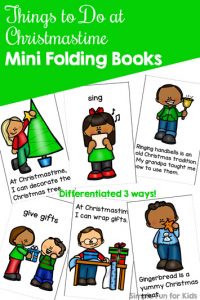 Read about and color different Christmas activities with these cute Things to Do at Christmastime Mini Folding Books! Like to sing carols, eat candy, decorate the Christmas tree or something else? Perfect for preschoolers through first graders with 3 levels of differentiation.