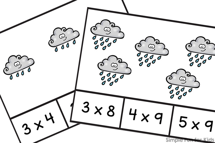 Enjoy this cute printable introduction to multiplication with elementary students in second grade: Rain Cloud Multiplication Expression Clip Cards work on fine motor skill and math concepts at the same time.