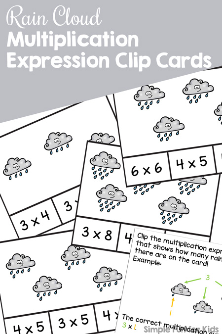 Enjoy this cute printable introduction to multiplication with elementary students in second grade: Rain Cloud Multiplication Expression Clip Cards work on fine motor skill and math concepts at the same time.