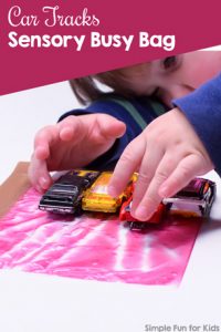 Simple and engaging portable sensory play: Car Tracks Sensory Busy Bag with toy cars and shower gel in a small bag. Fun for toddlers and preschoolers!