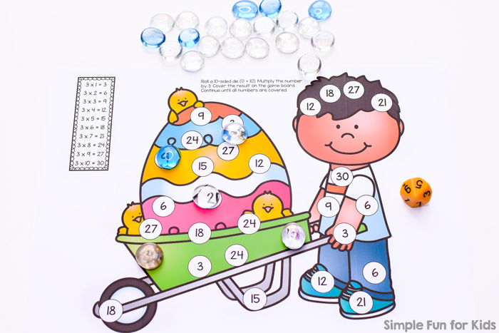This no prep roll and cover game is perfect for practicing the times 3 multiplication table with third graders: Giant Easter Egg Roll, Multiply by 3, and Cover Game!