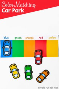 Practice and review basic colors with this cute, printable Color Matching Car Park! Your toddler or preschooler is going to love it!