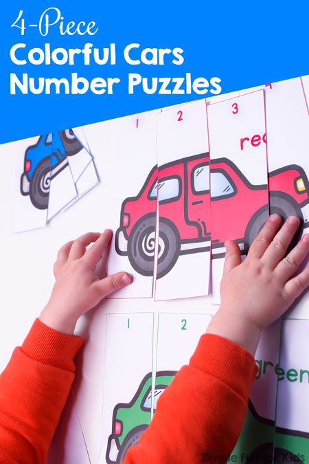 Learn colors and numbers with these simple 4-Piece Colorful Cars Number Puzzles for toddlers and preschoolers. Big pieces perfect for little hands!