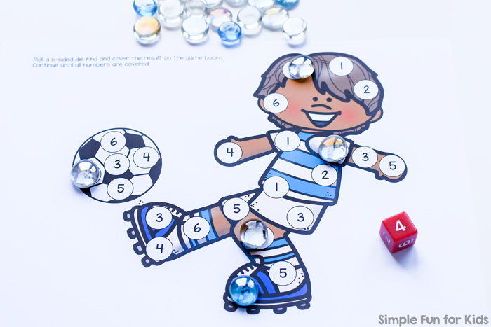 Play a fun simple game to practice number recognition, number matching, taking turns, or just for fun: Soccer Roll and Cover Game for preschool and kindergarten.