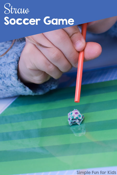 Fun oral motor exercise for solo play or with a partner: Straw Soccer Game! Includes a printable soccer pitch to play on.