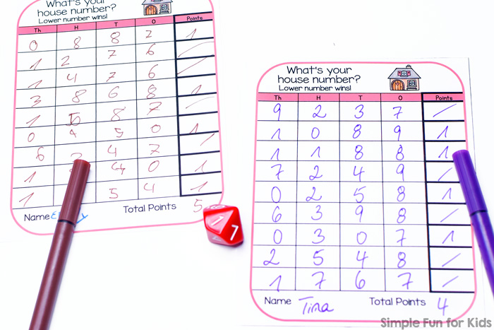 Fun quick and simple math game using a die: What's Your House Number? Place Value Game for elementary students.