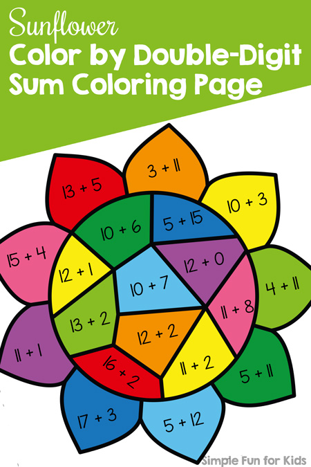 Addition practice to 20 is fun with this Sunflower Color by Double-Digit Sum Coloring Page. Great for kindergarteners and part of the 7 Days of Sunflower Printables for Kids series (day 4).