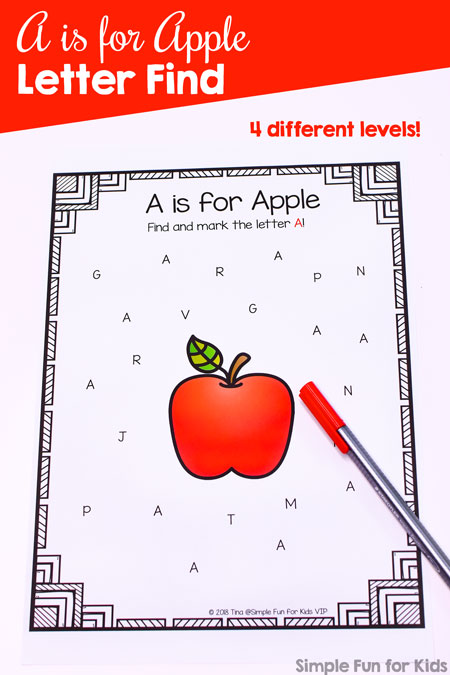 Learn about the letter a with this no prep printable A is for Apple Letter Find! Perfect for anyone learning their letters, from toddlers to preschoolers and kindergarteners.