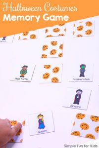 Play this fun little Halloween Costumes Memory Game with kindergarteners or elementary students! 20 cute images of kids wearing Halloween costumes such as a cat, queen, mummy, pumpkin, ghost, etc.