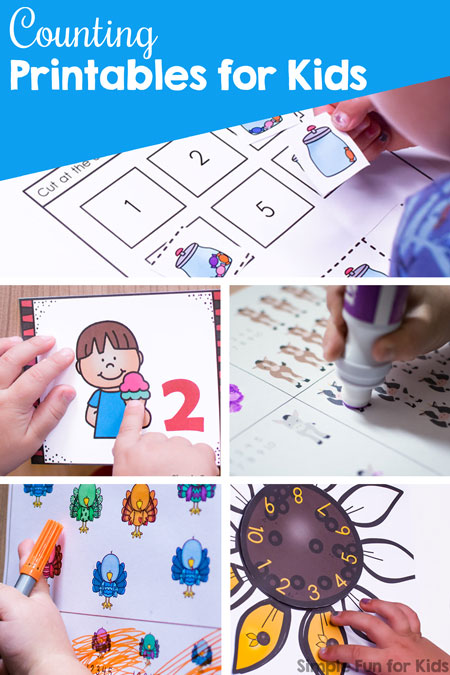Learning to count? Check out these 50+ Counting Printables for Kids from Simple Fun for Kids! Includes no prep printables, number cards, cut and paste activities, puzzles, games, clip cards, and more for toddlers, preschoolers, and kindergarteners.