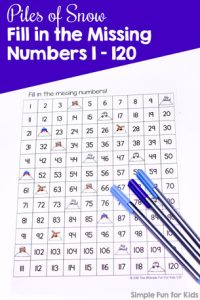 Practice number skills with a cute 120 board: Piles of Snow Fill in the Missing Numbers 1-120. No prep, quick printable first grade activity. CCSS.MATH.CONTENT.1.NBT.A.1