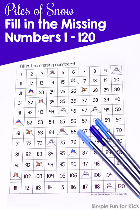 Practice number skills with a cute 120 board: Piles of Snow Fill in the Missing Numbers 1-120. No prep, quick printable first grade activity.
