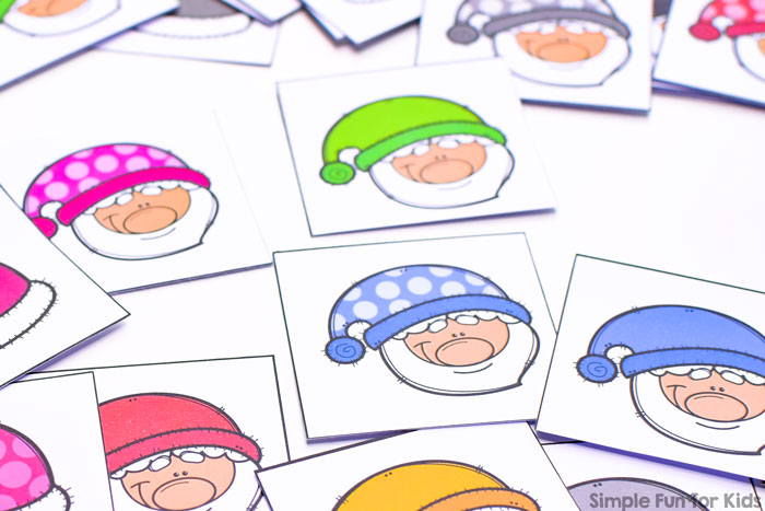 Get ready for Christmas with this super cute printable Santa Hat Color Matching Memory Game. You can start out with just a few matches for toddlers and preschoolers and work up to using all of the 40 matches or even double up for even more of a challenge for kindergarteners and elementary students.