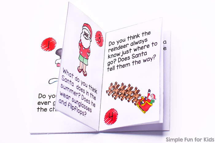 Make your own printable Things I Wonder About Santa Mini Folding Book with fun questions to use as a conversation starter or writing prompt with preschoolers, kindergarteners, and elementary students.