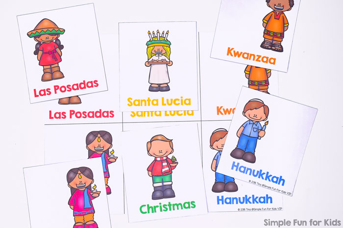 Learn about different religious winter holidays with this cute printable Winter Holidays Around the World Matching Game for Toddlers! Big cards and bright colors perfect for little hands, and with a black and white VIP version for added coloring fun.