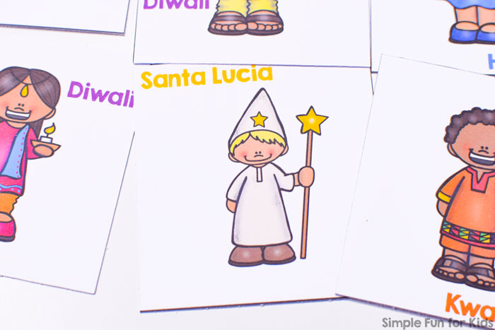 Learn about different religious winter holidays with this cute printable Winter Holidays Around the World Memory Game! Focuses on six different holidays: Hanukkah, Diwali, Kwanzaa, Las Posadas, Santa Lucia, and Christmas with one boy and one girl dressed up for each of them. The VIP version includes a total of six different versions, including three in b&w for saving on ink and/or coloring.