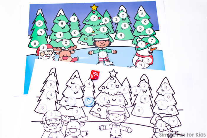 Kindergarteners and preschoolers can practice number recognition, taking turns, and fine motor skills with this super cute Christmas Wonderland Roll and Cover Game for use with a 10-sided die (D10).