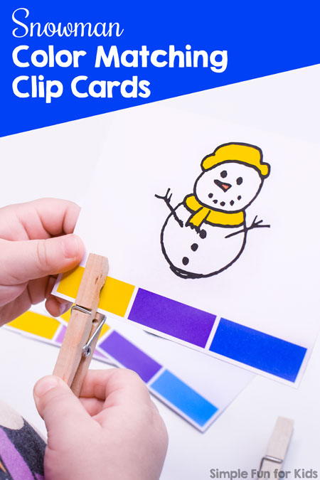 Practice colors with your toddlers or preschoolers and these cute Snowman Color Matching Clip Cards! Also great as a fine motor workout - what kid doesn't love clothespins?