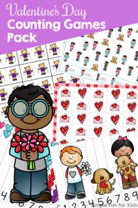 Valentine's counting fun for preschoolers and kindergarteners with this Valentine's Day Counting Games Pack! 5 different games with many variations: Dominoes, I Spy, Line-Up Puzzles, 2-Piece Puzzles, and Grid Games with an optional custom die. All in color and black & white and with two different styles for number 1.